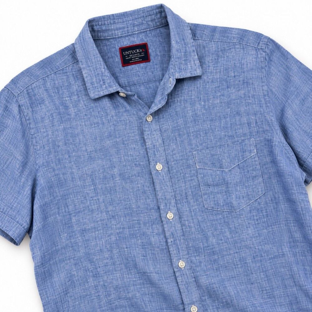 UNTUCKit Valente 100% Linen Shirt Blue Short Sleeve Slim Fit Men's 2XL